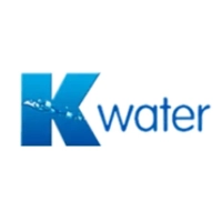 Kwater Kinetico logo featuring a large blue gradient "K" with an integrated water splash and modern sans-serif "water" typography