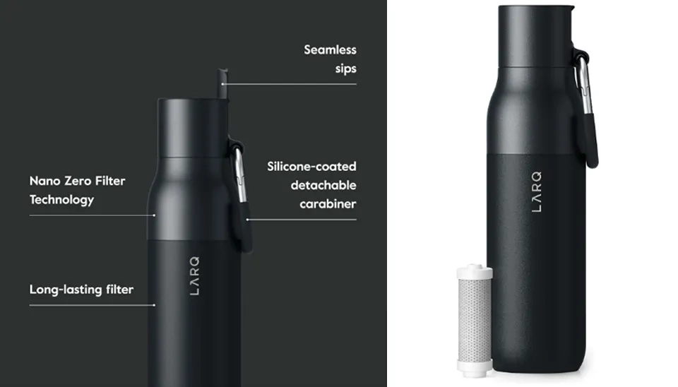 Constituents of the LARQ Insulated Filtered Water Bottle include Nano zero filter, long-lasting filter, and carabiner.