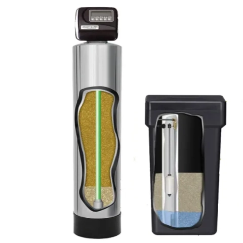 Legacy Pro Series Softener cutaway diagram showing high-capacity resin and a stainless steel tank.