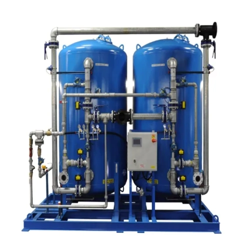 LWT 1200-3 Series industrial water softener system by Liquid Water Technologies with dual blue tanks.