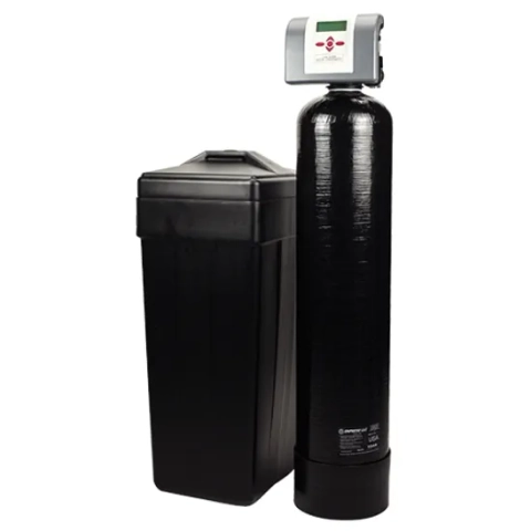 Lancaster LX whole-house water softener unit with tall black filter tank and square brine tank.