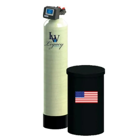 Legacy Commercial Water Treatment System: mineral tank and round black brine tank with American flag emblem.