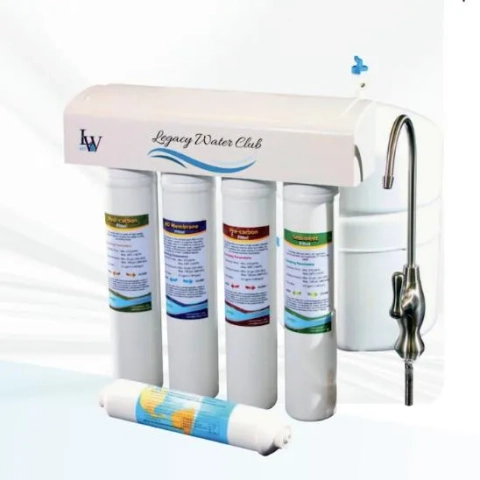 Under-sink Legacy Water Club Legacy RO Series filter with sediment, carbon, and RO membrane cartridges.