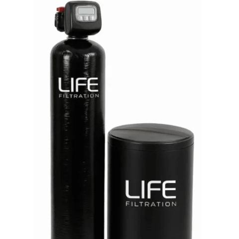 Life Filtration whole house water softener system with sleek black media tank and brine reservoir