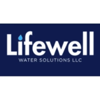 Lifewell Water Solutions LLC logo featuring a white sans-serif wordmark with a light blue water droplet tittle over the letter "i" on a navy blue background