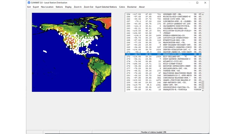 Screenshot of the CLIMWAT software interface displaying a map with the distribution of local weather stations.