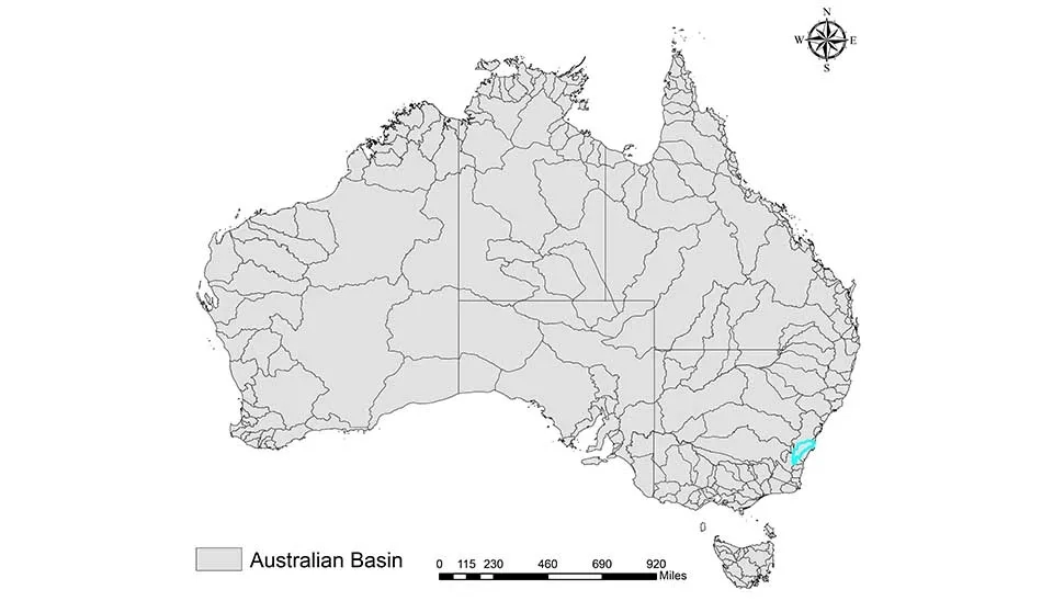 Map showing the location of the study area: Corang River at Hockeys in the Shoalhaven River Basin, New South Wales, Australia.