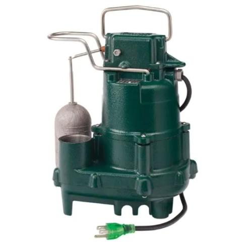 Zoeller 1/2 HP Model M98 automatic sump pump with LED plug, cast iron body, and float switch.