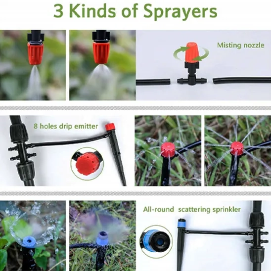 Three types of sprayers in the MIXC 226FT Micro Drip Irrigation Kit contain microdroplets, sprays, and normal watering.