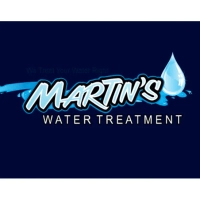 Martin's Water Treatment logo featuring a bold white and blue script wordmark on a water splash with a droplet icon and the text "We Treat Your Water Right" on a dark navy background