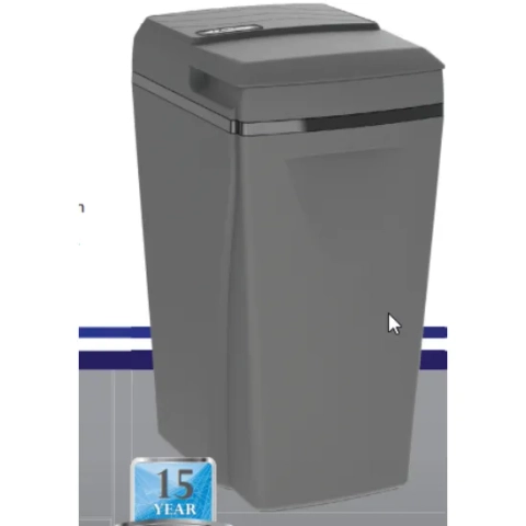 Exterior view of a gray Maximizer compact water softener unit featuring a 15-year warranty badge.