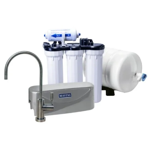 Maytag drinking water system featuring five stages of treatment and cutting-edge RO technology.
