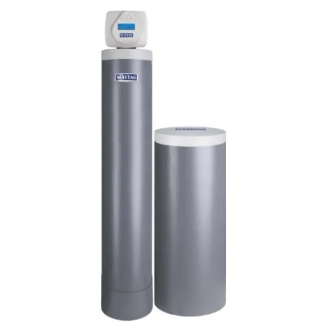 Maytag water treatment system with high-capacity ion exchange resin for hard water removal.