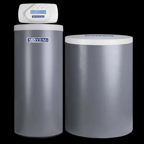 Maytag ITR water treatment system featuring a gray resin tank and white digital control interface.