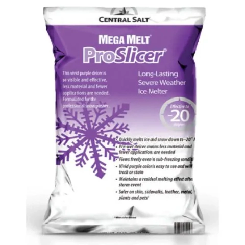 Central Salt Mega Melt ProSlicer, vivid purple ice melter effective down to -20 degrees.