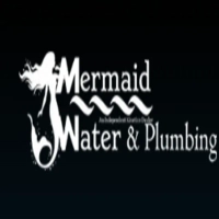 Mermaid Water & Plumbing logo featuring a white mermaid silhouette interlocking with a large initial letter "M" above the text "Mermaid Water & Plumbing An Independent Kinetico Dealer" on a solid black background