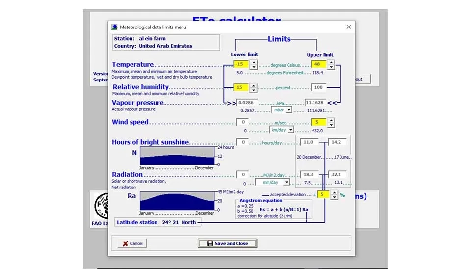 ETo Calculator Meteorological data limits window: Data review and adjustment.