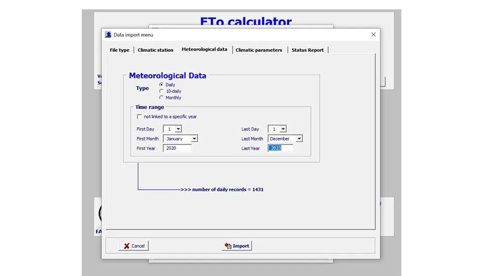 ETo Calculator data import Meteorological tab: Data type and time range settings.