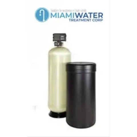 Miami Water Treatment Corp single-tank water softener system with a black cylindrical brine tank
