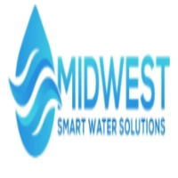 Midwest Smart Water Solutions logo featuring a large blue gradient water droplet with white wave accents alongside stacked blue sans-serif typography