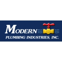Modern Plumbing Industries logo featuring white serif typography, a gold valve icon with "Since 1975" heritage marking, and blue water wave accents