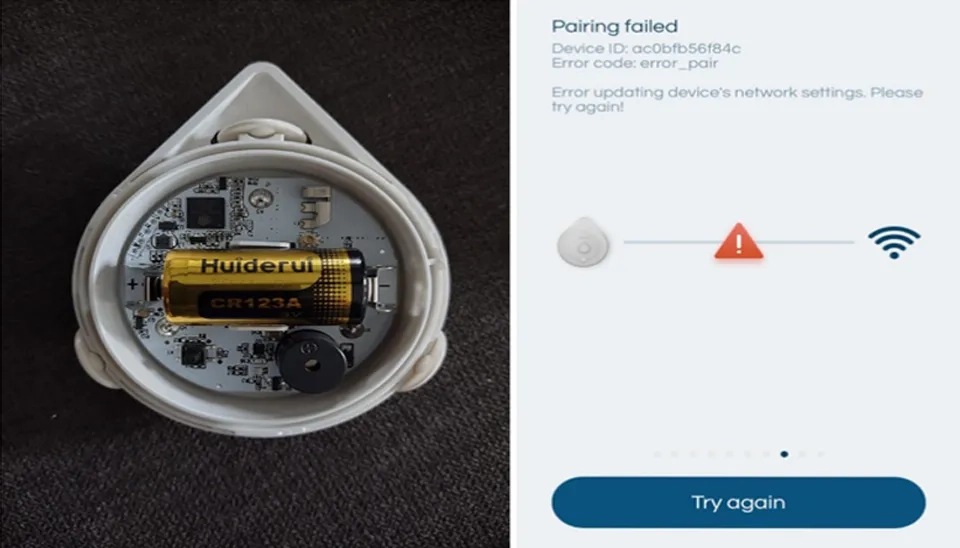 Moen White Flo Smart Water Leak Detector for Home  dead and unusable batteries were sent (left) it does not pair or activate properly (right)