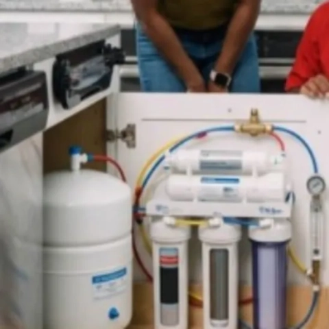 Compact multi-stage point-of-use drinking water filtration module installed inside a kitchen cabinet base next to a dishwasher by Mr. Rooter Plumbing