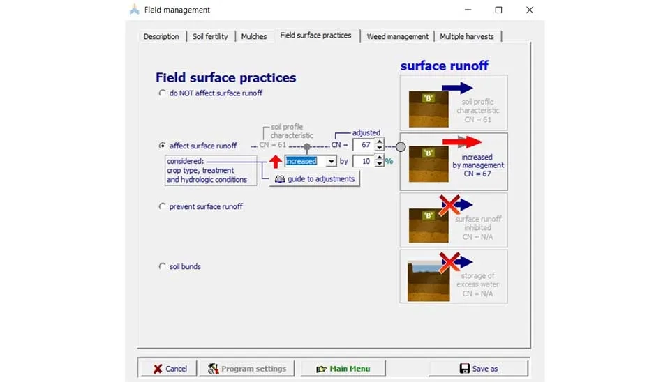 AquaCrop software interface showing the "Mulches" tab within the field management window. This tab allows users to define the type of mulch used, its coverage area, and its impact on soil evaporation rates.