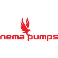 NEMA Pumps official logo featuring dark blue text and a dynamic orange-accented fluid wave design.