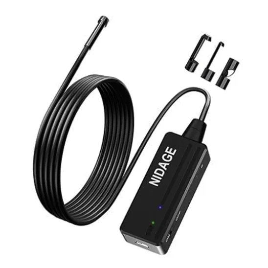 NIDAGE Wireless Endoscope Camera with flexible cable and accessories like small hook, magnet and side view mirror.