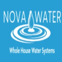 NOVA Water LLC logo featuring tall white text "NOVA WATER" with a central water droplet plunging into concentric ripples on a vibrant blue background above the text "Whole House Water Systems"
