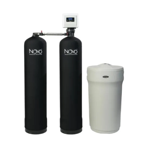 NOVO 489UFHEDP twin-tank water softener: two black resin tanks, white digital controller, and light brine tank.
