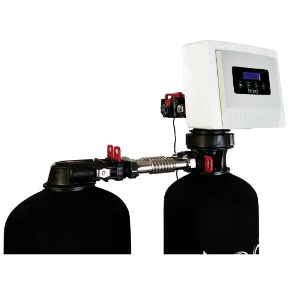 Close-up of the NOVO 489UFHEDP digital control head and twin-tank connection on the water softening system.