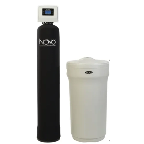 NOVO whole-house water softener unit featuring a black tank, beige brine tank, and digital head.