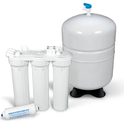 NUVIS 5-stage RO system featuring granular activated carbon filter and pressurized storage tank.