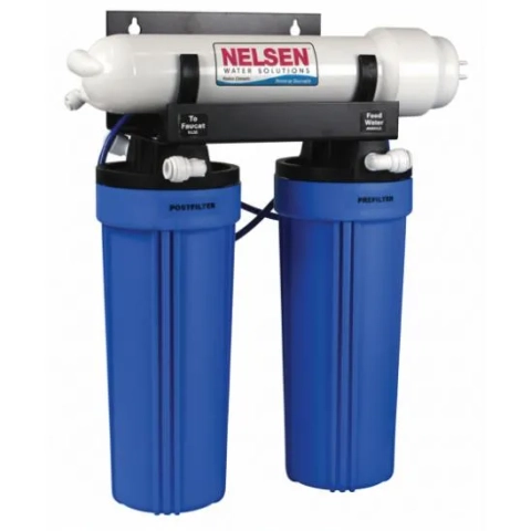 Nelsen Water Solutions RO system with blue pre-filter and post-filter, mounted for easy installation.