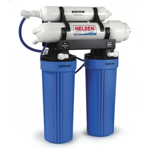 Nelsen Water Solutions RO filter with pre-filter, post-filter, RO membrane, and top-mounted ECF adsorption filter.