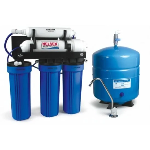 Nelsen Aqua Classic ACII Reverse Osmosis water filter with blue tank, faucet, and four cartridges.
