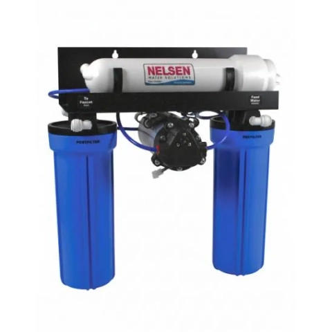 Nelsen Aqua Classic ACP Reverse Osmosis system with booster pump and two large blue filter housings.