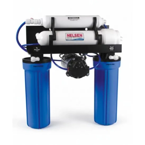 Nelsen Aqua Classic ACPD Reverse Osmosis system with booster pump and two large blue filter housings.