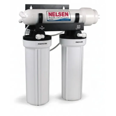 Nelsen Aqua Elite AEI Reverse Osmosis system with two white filter housings and manifold.