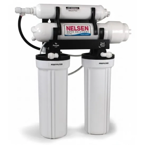 High-flow AEI Reverse Osmosis system with two white cartridges, manufactured by Nelsen.