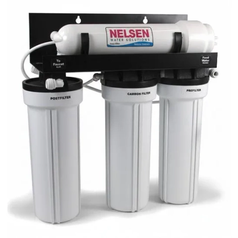 Aqua Elite AEII RO unit, a high-capacity water purifier by Nelsen with three cartridges.
