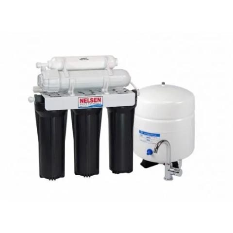High-capacity Nelsen AEP RO system featuring black cartridges and a complete drinking water setup.