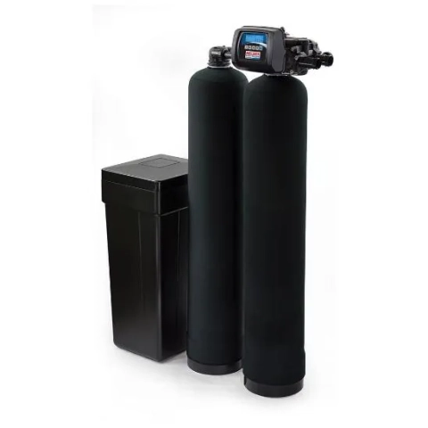 Nelson NWS TWIN system with two black mineral tanks, a separate brine tank, and digital display.