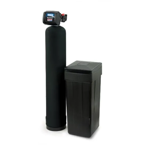 Nelson Water Softener system with separate black mineral and brine tanks for hard water.