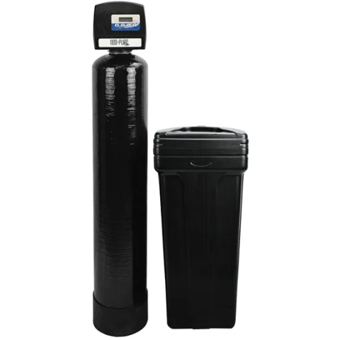 Neo-Pure NPHS-075 Series high efficiency up-flow water softener with black resin and brine tanks.