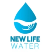 New Life Water logo featuring a blue water droplet with a cupped hand icon and modern sans-serif typography