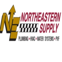 Northeastern Supply logo featuring a gold "NE" arrow monogram, checkered flag accent, and stacked burgundy text above a "PLUMBING • HVAC • WATER SYSTEMS • PVF" service line