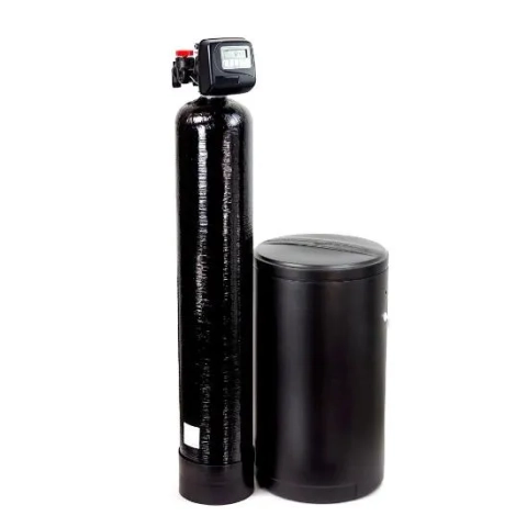 Novaline C-Series high-efficiency water softener system with sleek black resin and brine tanks.